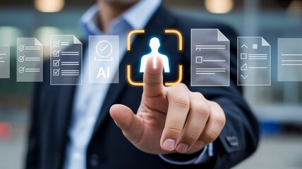 businessman pushing a button on a virtual screen