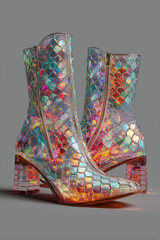 Holographic high-heeled ankle boots with a futuristic iridescent finish on a neutral background.