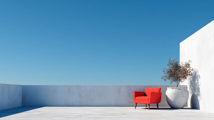 Minimal rooftop terrace with a red armchair, white walls, and a clear blue sky.