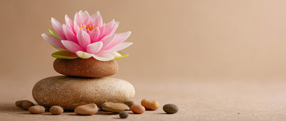 Soft pink lotus flower resting on smooth stones in a calm spa setting.