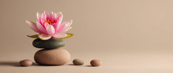 Soft pink lotus flower resting on smooth stones in a calm spa setting.