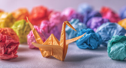 Colorful crumpled paper balls with an orange origami crane on a neutral background.