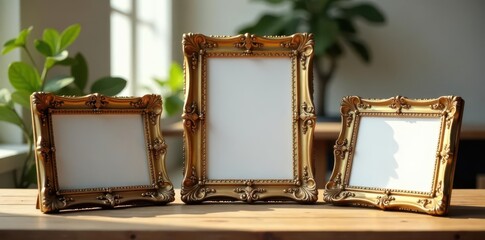 Elegant ornate photo frames arranged on a table, minimal, wall decor