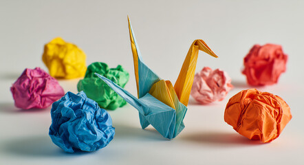 Colorful crumpled paper balls with an orange origami crane on a neutral background.
