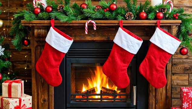 Festive Christmas Stockings Hanging by Warm Fireplace - Powered by Adobe