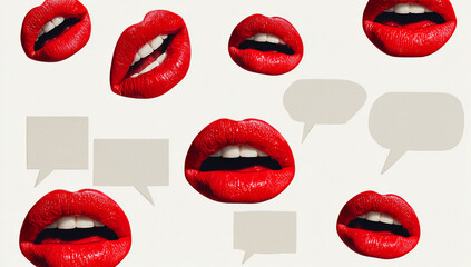 Red lips with speech bubbles on a light background representing communication and expression.