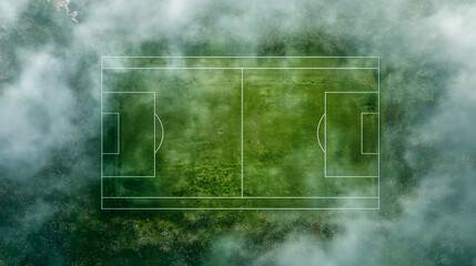 Football field diagram glowing through green fog on a dark background.