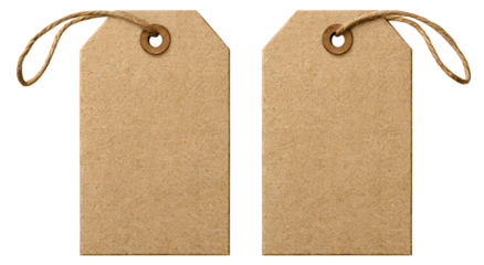Two rectangular brown tags with string loop at the top, against a black background