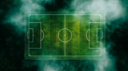 Football field diagram glowing through green fog on a dark background.