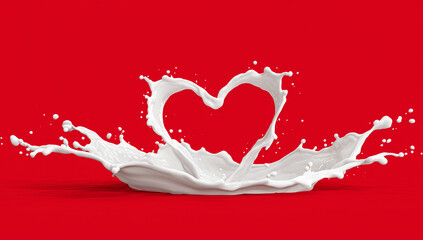 Heart-shaped milk splash frozen in motion on a bright red background.