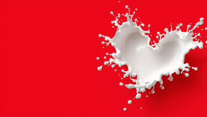 Heart-shaped milk splash frozen in motion on a bright red background.