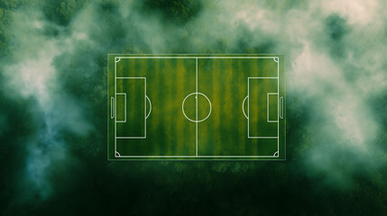 Football field diagram glowing through green fog on a dark background.