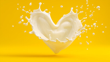 Heart-shaped milk splash frozen in motion on a bright yellow background.