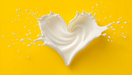 Heart-shaped milk splash frozen in motion on a bright yellow background.