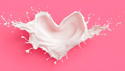 Heart-shaped milk splash on a soft pink background.