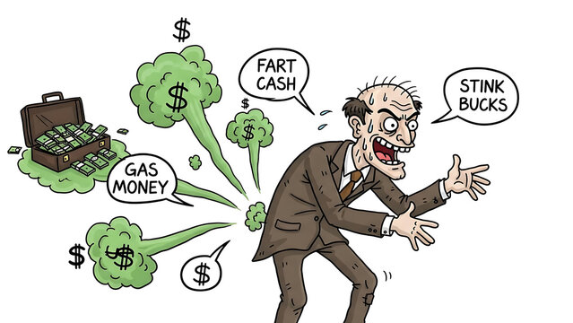 Exaggerated cartoon portraying a fuming entrepreneur's scandalous scheme to effortlessly accumulate riches