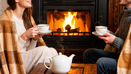Couple Enjoying Tea by Warm Fireplace on Cozy Evening