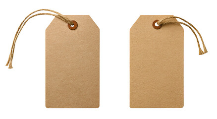Two brown rectangular tags with string loops, set against a transparent background