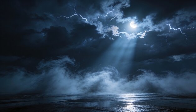 Moon, Cloud, Night Sky Over Dark Waters - Moonlight Through Storm Clouds Fog, Stormy Sea, Ship in Distance - Serene Night Voyage