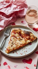 Slice of cheese pizza served on plate with fork and glass of wine on romantic table setting. This image represents solo date comfort food and modern valentine celebration mood