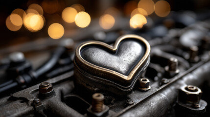 Ultra-realistic cinematic close-up photograph of an old car engine featuring a heart-shaped aluminum cover, tight macro composition inside a classic mechanical engine bay, heart-sh