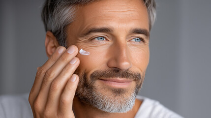 Fototapeta premium Ultra-realistic close-up lifestyle portrait of a middle-aged American man with gray hair and beard applying anti-aging face cream, tight cropped composition focusing on eye, cheek