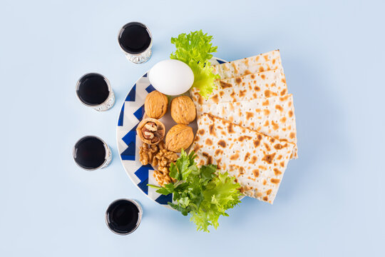 Passover seder plate with matzah and symbolic items