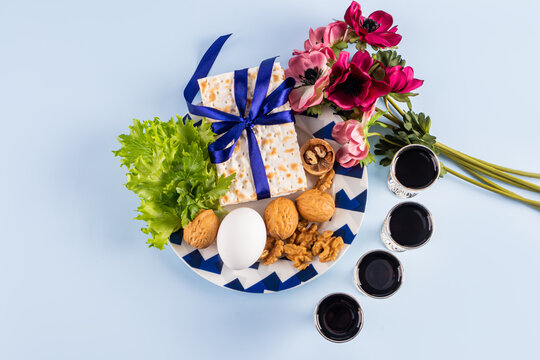 Passover holiday matzah arrangement with symbolic items