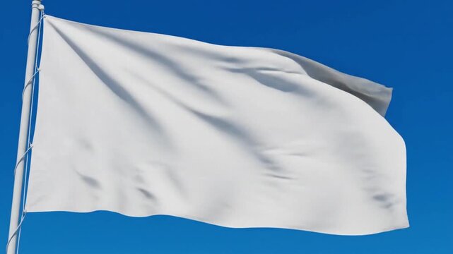 White flag waving on a pole against a clear blue sky, symbolizing surrender or peace