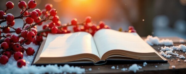 Elegant planner open to first page, bathed in warm winter sunset light, scattered berries nearby , peaceful, office, background