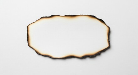 Fototapeta premium A singed, rectangular piece of blank paper with heavily charred edges lies flat on a clean white background, providing texture ,blank, danger, material