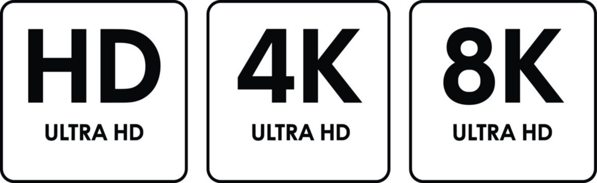 HD 4K 8K Ultra HD resolution icon set for video quality, display standards and media technology flat vector illustration