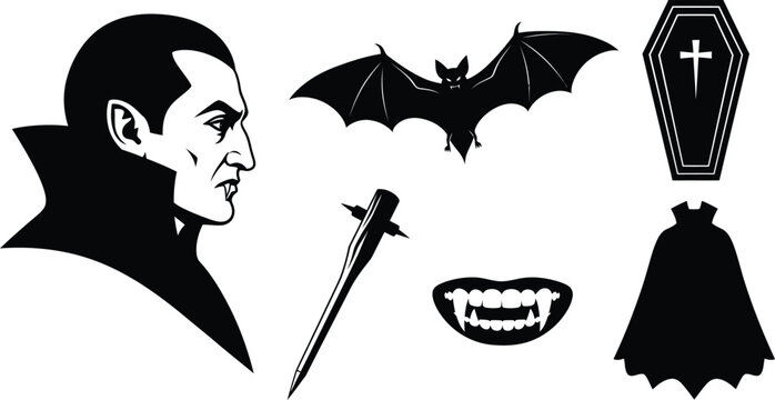 Set of 6 Vampire motifs silhouette dracula profile flying bat coffin wooden stake fangs and cape