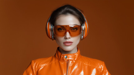 Ultra-stylized futuristic retro portrait of a young woman wearing a glossy orange leather jacket, centered composition, head-and-shoulders framing, confident neutral expression, sl