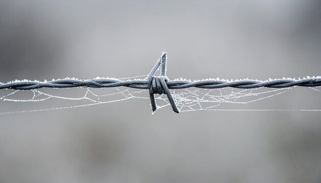Barbed wire entangled with fine spider webs, gray blurred backdrop, minimal industrial decay