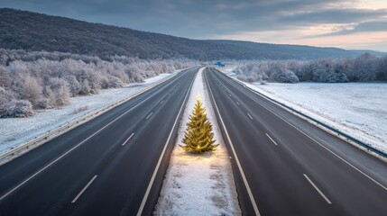Christmas tree shining on winter highway
