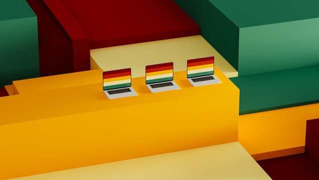 Laptops sits on geometric background with colorful cube shapes