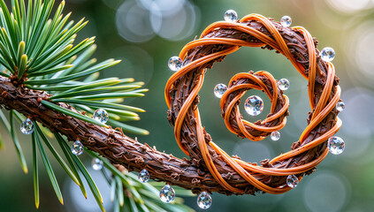 Intricate Woven Ring Ornament on Pine Branch with Dew