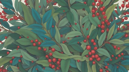 Lush green and teal foliage with bright red berries forming a detailed botanical illustration a vibrant natural background pattern with festive elements