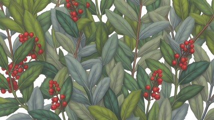 Vibrant botanical illustration with lush green leaves and bright red berries creating a seamless natural pattern perfect for decorative backgrounds and textile