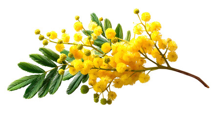 A close-up of a mimosa branch with fluffy yellow flowers and green leaves on black