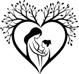 Motherhood love heart tree silhouette vector illustration isolated on transparent background