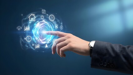 Businessman interacting with virtual interface on dark blue background with glowing icons