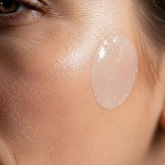 Clinical macro of a 2026 Neo-Muse, highlighting epidermal texture and a transparent biometric patch for real-time cellular monitoring.