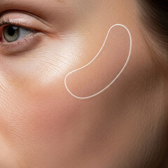 Extreme macro of human skin texture on the cheekbone, featuring a faint, reflective biometric skin-patch and high-frequency pore detail.