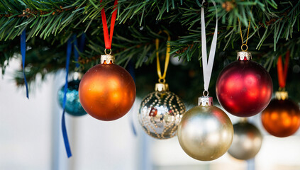 Colorful Christmas Ornaments Hanging on Green Pine Tree Branches