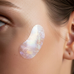 2026 Skin Architecture: A close-up of a woman's temple showing translucent skin quality and an integrated electronic skin sensor for health tracking.
