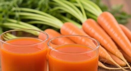 Fresh carrot juice with bunch of carrots in the background for a healthy lifestyle