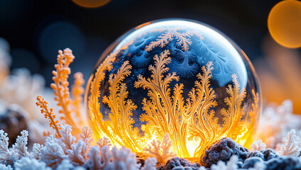 Close-up of Frosty Crystal Ferns in a Glass Sphere