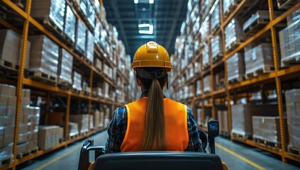 Worker in safety gear on a forklift traversing a vast industrial warehouse stacked high with inventory